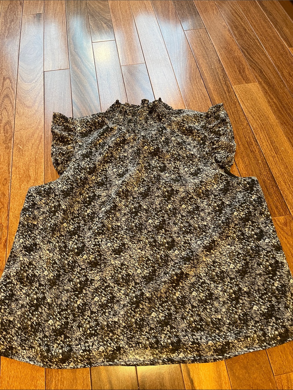 Banana Republic Black and Cream Floral Ruffled Mock-Neck Camisole